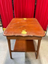 Vintage Charming Two-Tier Wooden Table w/ Painted Lady Design. Measures 42" x 32" x 31"