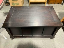 Modern Wooden Coffee Table Storage Trunk w/ Dark Brown Finish. Fair Condition. See pics.