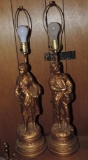 Pair Of Electric Gold Painted Plaster Figural Man & Woman Lamps