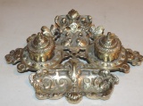 Ornate Brass Double Inkwell & Pen Holder