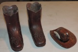 Pair Of Folk Art Carved Wood Boots & Hat