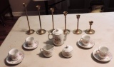 Childs Tea Set & 6 Brass candlesticks