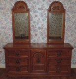 1970's Oak Finish Dresser With 2 Mirrors