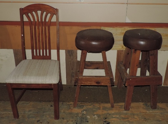 Pair of Pine Bar Stools and Odd Chair