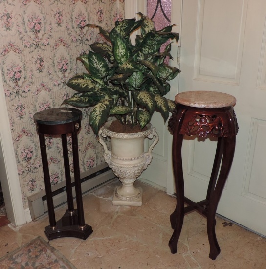Lot of Two Marble Plant Stands and Plant