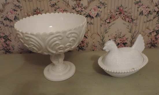 Milk Glass Lidded Hen and Compote