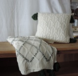 Throw and Pillow in Green and White with Tassels