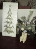 Pair of Porcelain Ice Skates with Silver Arrangement and Christmas Tree Wall Plaque