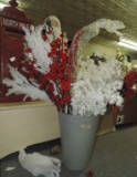 Large Galvanized Tub of White and Red Faux Limbs, Flocked Limbs, Red Beads and Red Florals.
