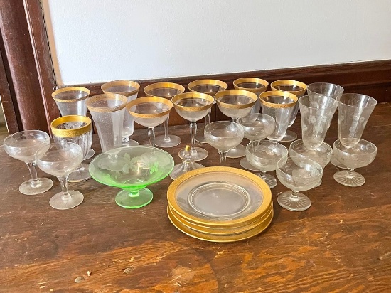 Crystal Stemware, Green Depression Bowl & Plates