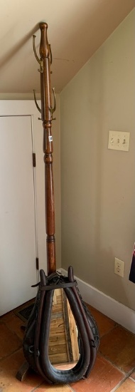 Wood Coat Rack & Horse Collar Mirror
