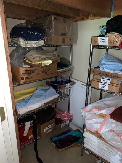 Closet Lot Of Banquet Room Linens & 3 NSF Shelves