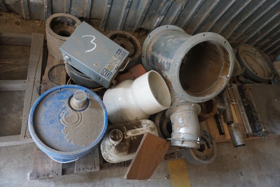 PALLET OF PULLEYS, DUST PIPE & MISC