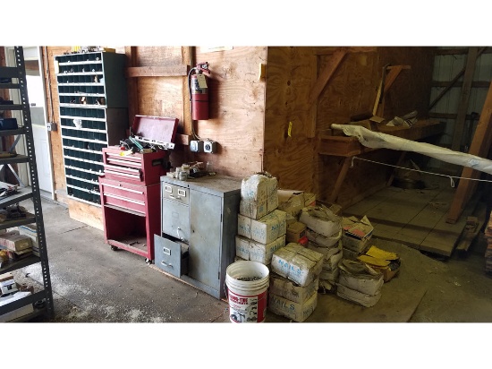 BOLTS, RACK, TOOL BOXES, PARTS CABINET, (40) EACH 50LB BOXES OF NAILS