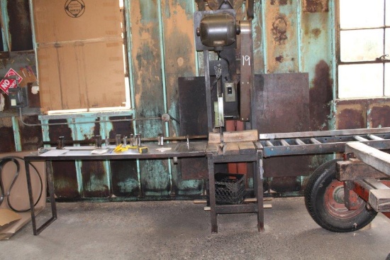 SWINGING CHOP SAW W/5 HP ELEC MTR, 12 FT INFEED, 6 FT OUTFEED W/MULTIPLE STOPS