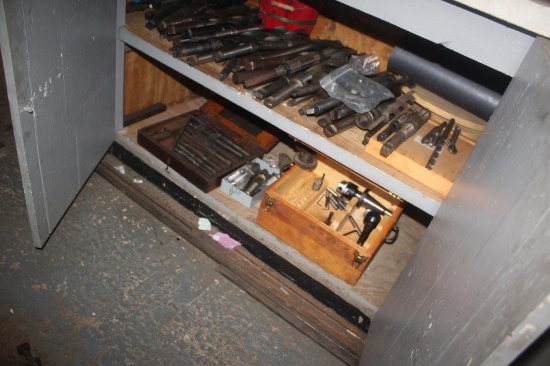 Contents of Wooden Cabinet, Drill Bits, Reamers