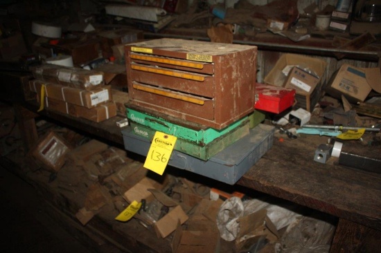 (6) Small Metal Containers/Bins, Containing Set Screws, Cotter Pins, Tools,