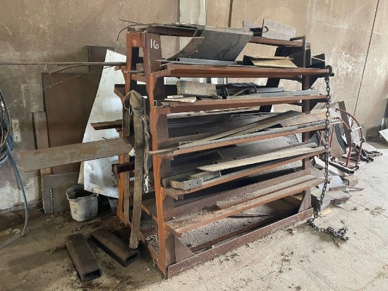 A Frame Steel Stock Rack W/ Steel Stock & Scrap Iron