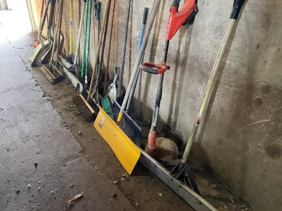 Lot Of Hand Tools: Sledge Hammers, Pick Axe, Shovels, Brooms, Snow Pusher, Dust Pans