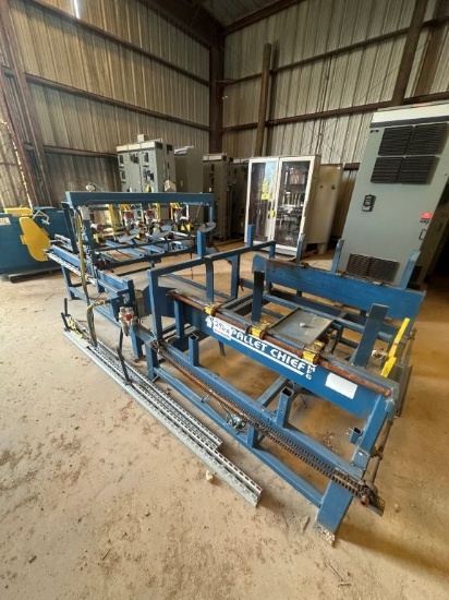 Pallet Chief PCII 4 Stringer Pallet Nailing Machine with Stacker. Located at 1995 Lumber Rd., Henry