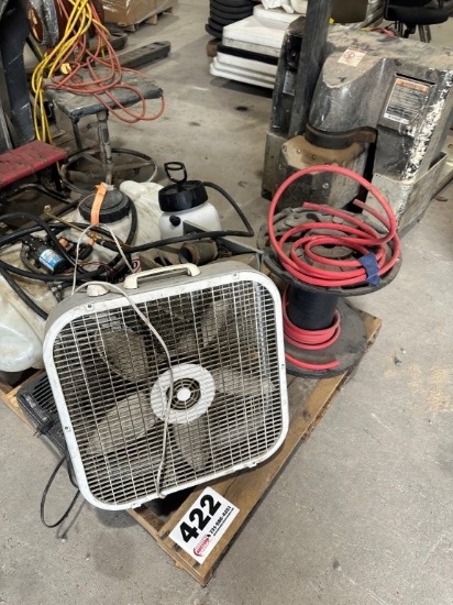 12 Volt (Sprayer) Pump with Poly Tank, Hand Sprayer and Misc. Items on Pallet. Located at 2898 Crest