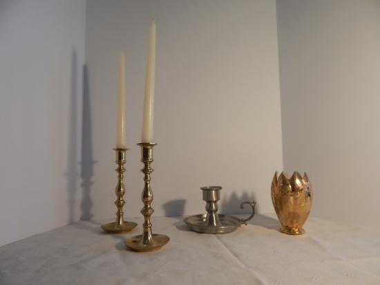 Pair brass candle holders, candle holder with handle and what not