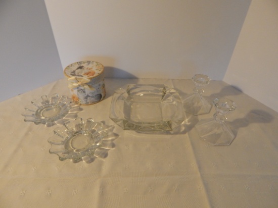 Assorted Glassware: Ashtray, candle holders, etc.