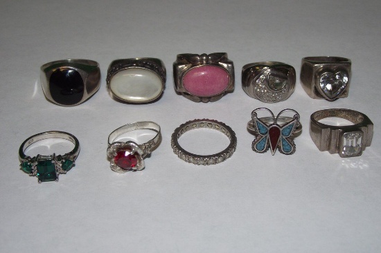 10 STERLING SILVER RINGS WITH STONES