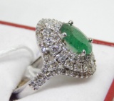 14K WHITE GOLD EMERALD AND DIAMOND RING