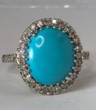 14KT WHITE GOLD BLUE TURQUOISE AND DIAMOND RING