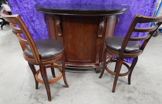 MARBLE TOP BAR AND 2 STOOLS