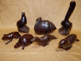 SET OF 7 IRON WOOD ANIMAL FIGURENES