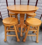 HEAVY DUTY PINE CLAW FOOT PUB TABLE AND 4 STOOLS