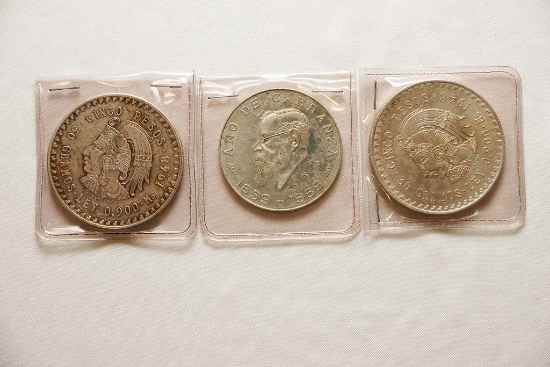 3 Silver Mexican 5 Peso Coins