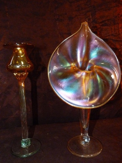 2 SIGNED CARNIVAL GLASS VASES