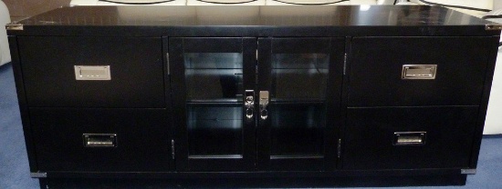 BLACK TV STAND WITH CHOME CORNERS & HANDLES