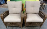 PAIR NEW PATIO CHAIRS WITH TAN CUSHIONS
