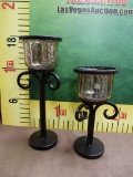 2 NEW BLACK/SILVER METAL GLASS CANDLE HOLDERS