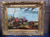 LARGE ELEGANT GOLD FRAMED SIGNED HORSE W/RIDERS OIL ON CANVAS