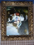 LARGE ELEGANT GOLD FRAMED HORSE WITH RIDER OIL ON CANVAS