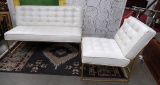 NEW WHITE LEATHER AND GOLD FRAME LOVESEAT AND CHAIR
