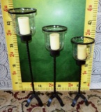 3 NEW BLACK METAL CANDLE HOLDERS WITH GLASS GLOBES