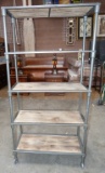 NEW SILVER METAL AND WOOD ROLLING SHELF UNIT