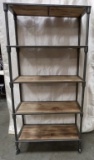 NEW BLACK METAL AND WOOD ROLLING SHELVING UNIT