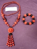 RED LAQUER CARVING NECKLACE AND BRACELET