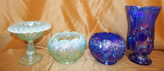 4 FENTON ART GLASS VASES GREEN/BLUE