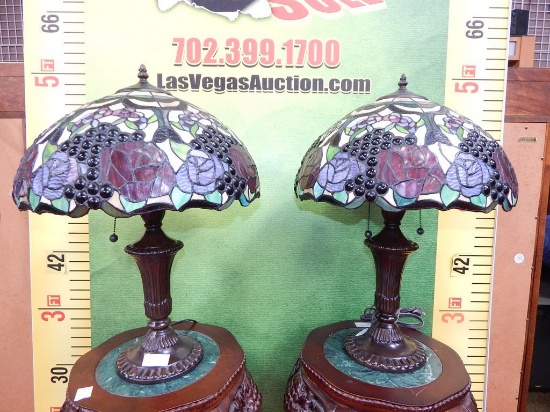 PAIR OF TIFFANY STYLE SATINGLASS LAMPS GRAPES DESIGN