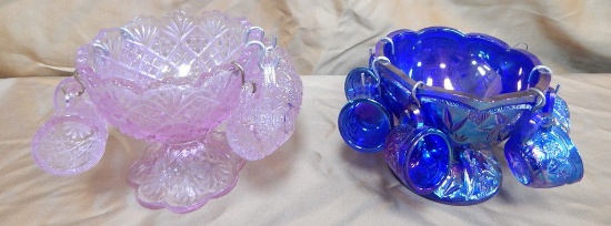 PAIR OF MINI FENTON PUNCH BOWLS WITH CUPS BLUE/PINK