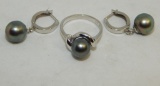 14 K WHITE GOLD AND PEARL RING AND EARRINGS