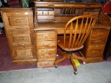 SOLID OAK ROLLTOP DESK WITH CHAIR AND FILING CABINET